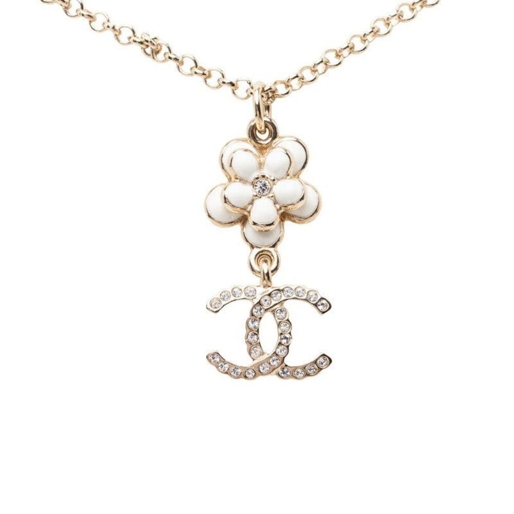 Chanel CC Logo Flower Motif Necklace Gold Black White Plating Faux Pearl